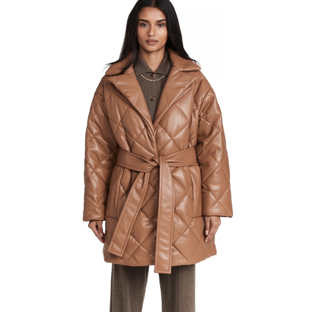 Stand Studio Maxim Jacket‎ Quilted Faux Leather Coat Belted Tan Brown 38 Medium
